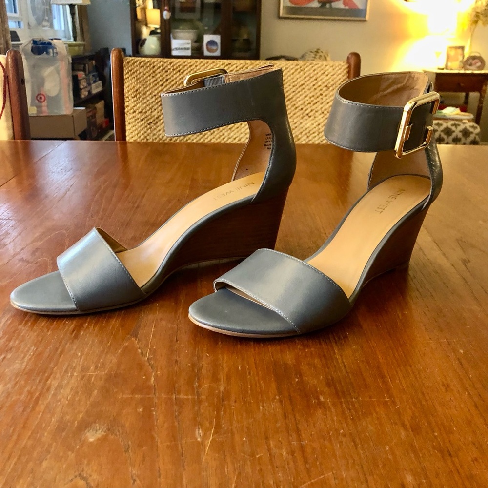 Nine West Gray Open-Toe Ankle-Strap Wedge Sandals